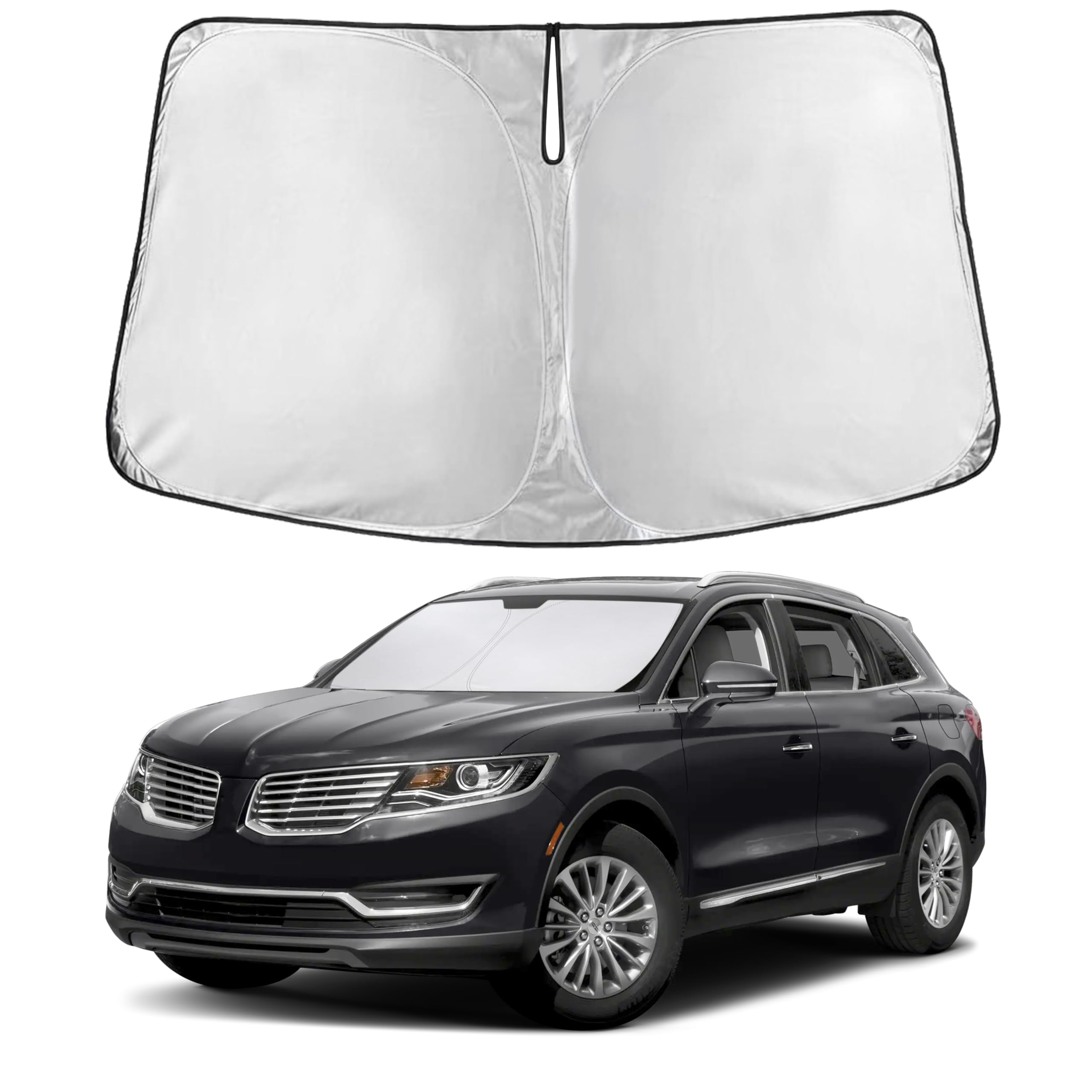 EcoNour front view of sunshade showing full-fit windshield coverage and protection