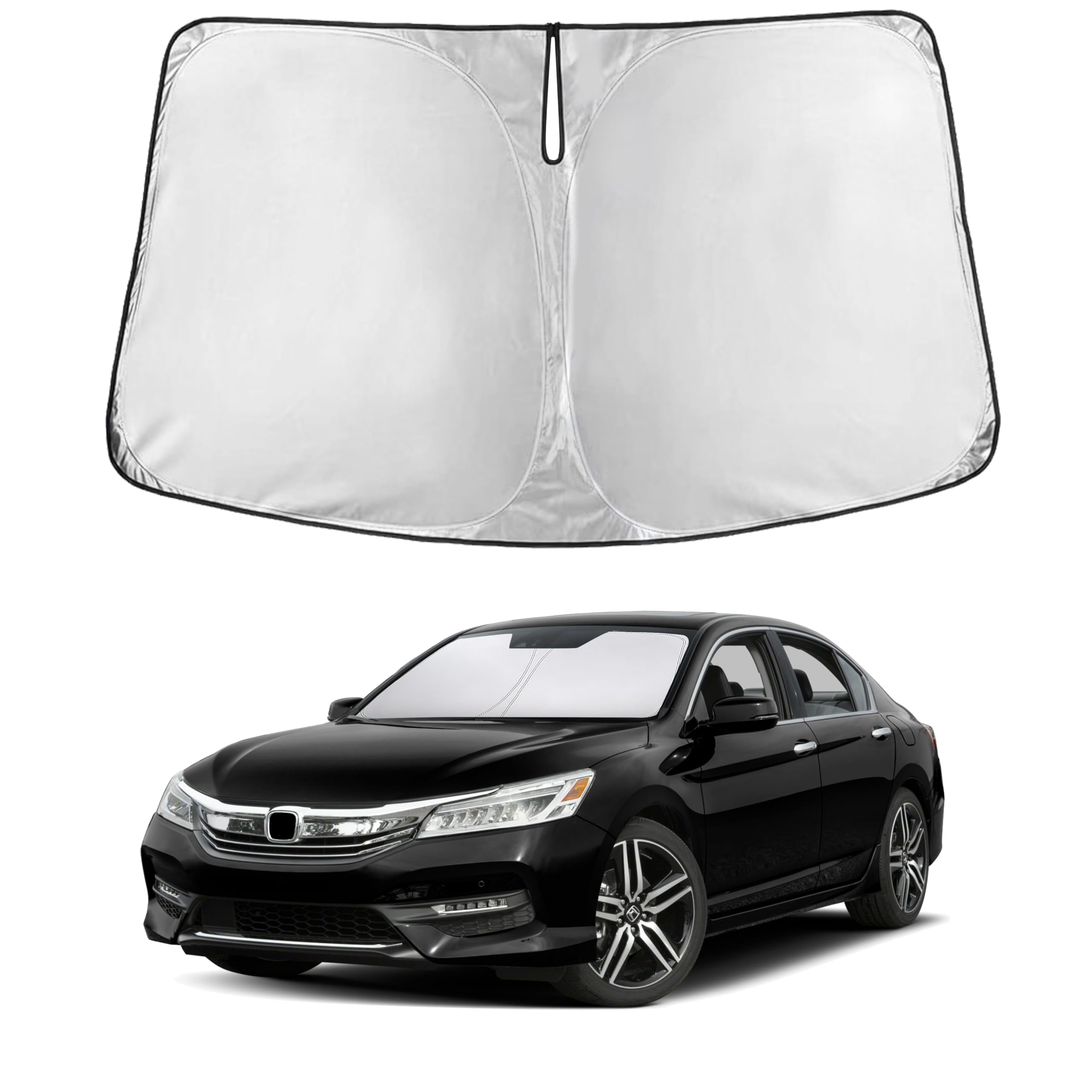 EcoNour front view sunshade on windshield shows full coverage and temperature reduction