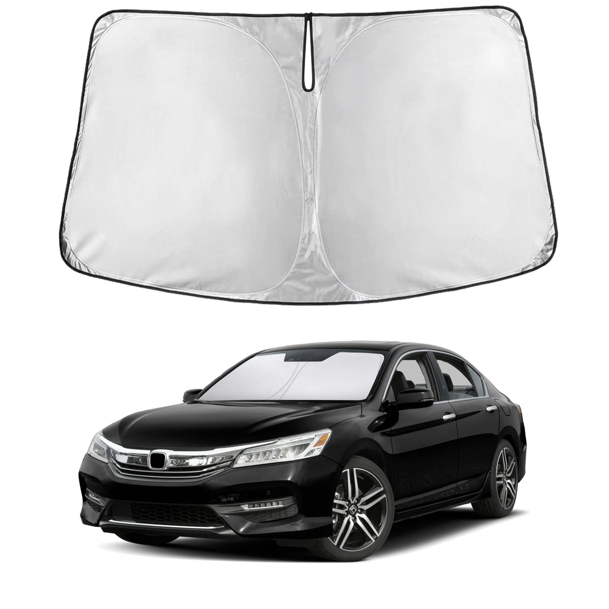 EcoNour front view sunshade on windshield shows full coverage and temperature reduction