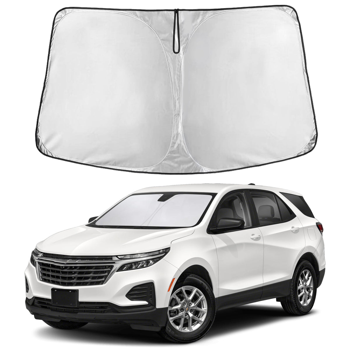 EcoNour front view installed on Equinox windshield showing full coverage and cooling benefit