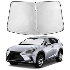 EcoNour front view sunshade fitted in Lexus NX showing full windshield coverage and cooling benefit