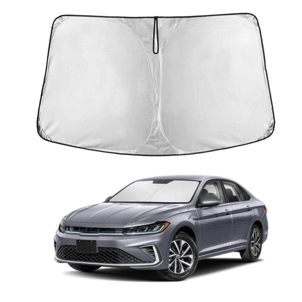 EcoNour front view sunshade showing precise Jetta fit and full coverage benefit