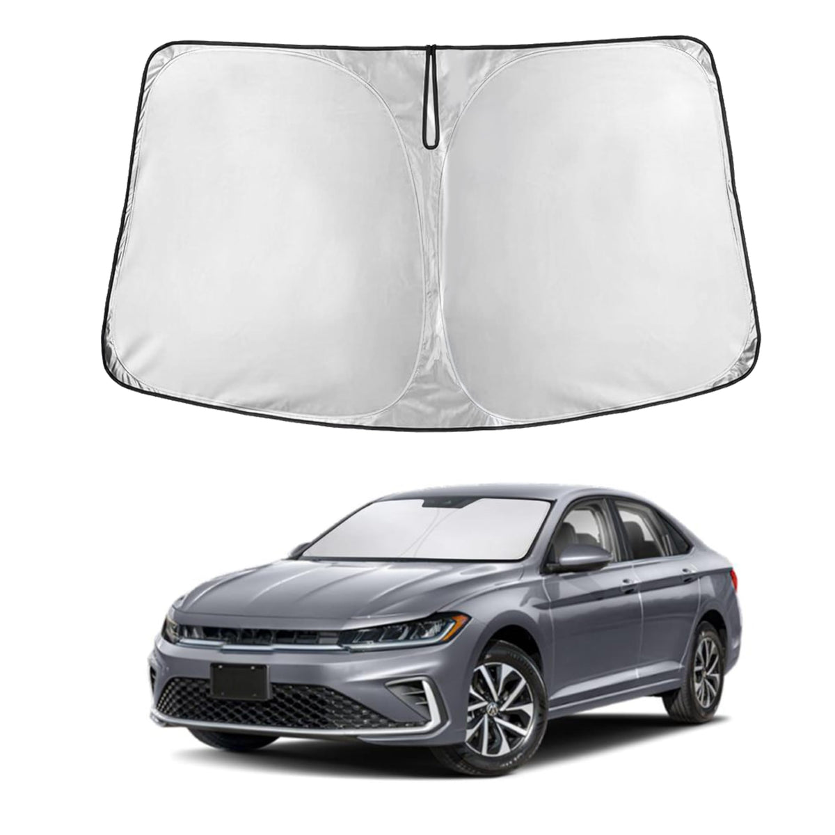 EcoNour front view sunshade showing precise Jetta fit and full coverage benefit