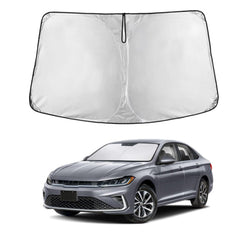 EcoNour front view sunshade showing precise Jetta fit and full coverage benefit