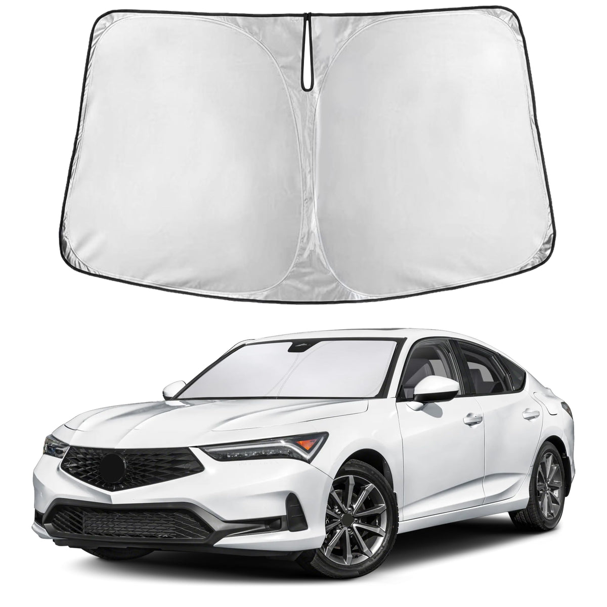 EcoNour sunshade front view fitted on Acura Integra windshield showing full coverage and protection