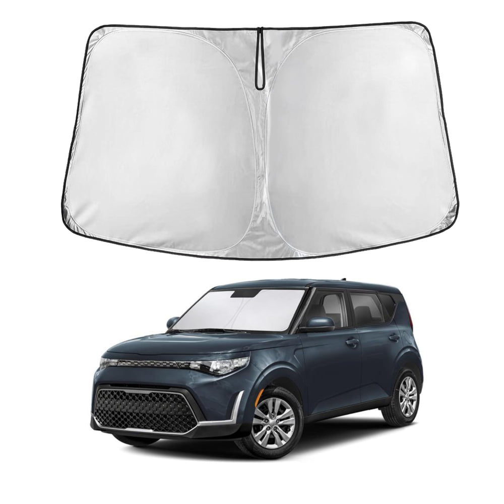 EcoNour sunshade front view on Kia Soul showing full windshield coverage and cooling benefit