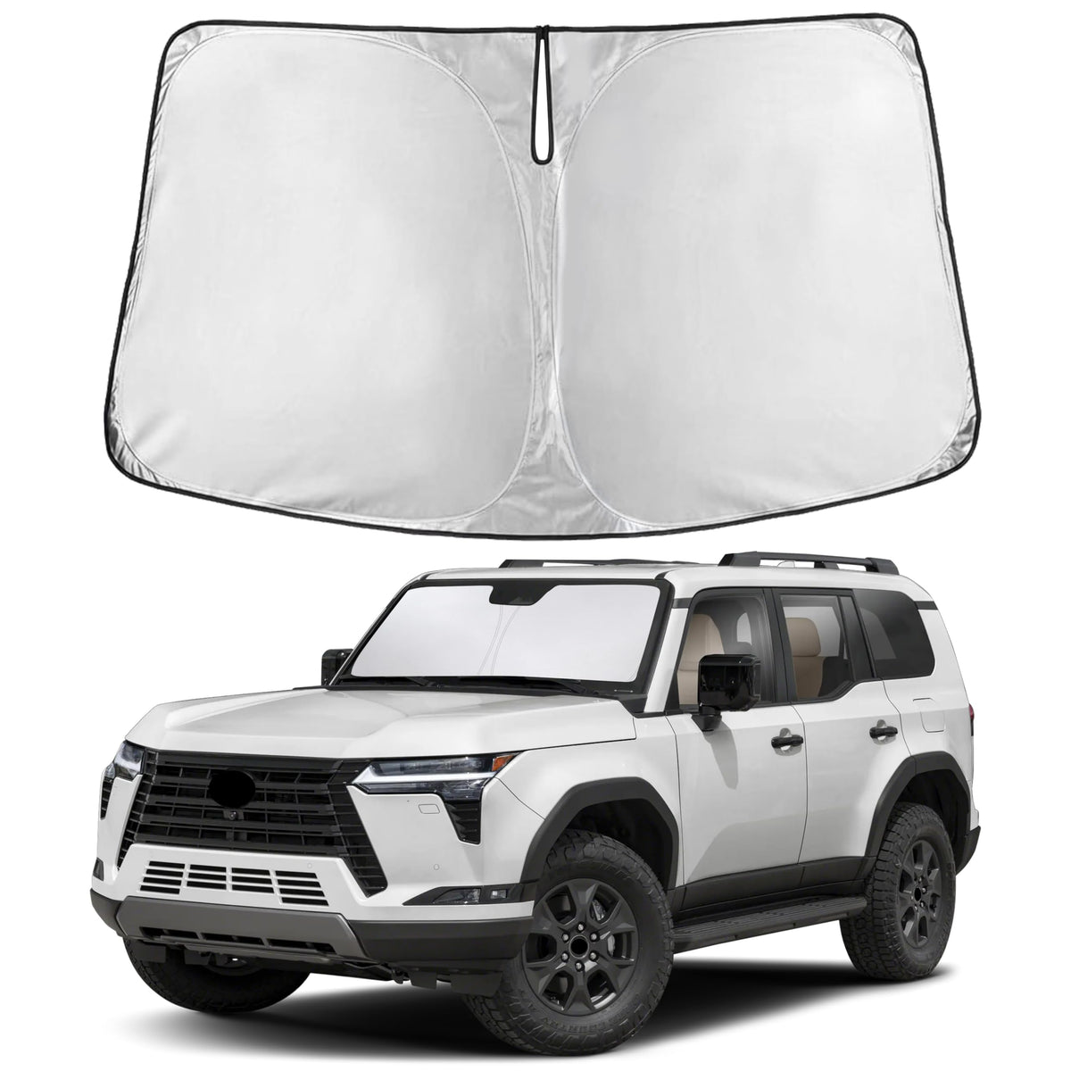 EcoNour sunshade fitted in Lexus GX550 windshield showing full coverage benefit