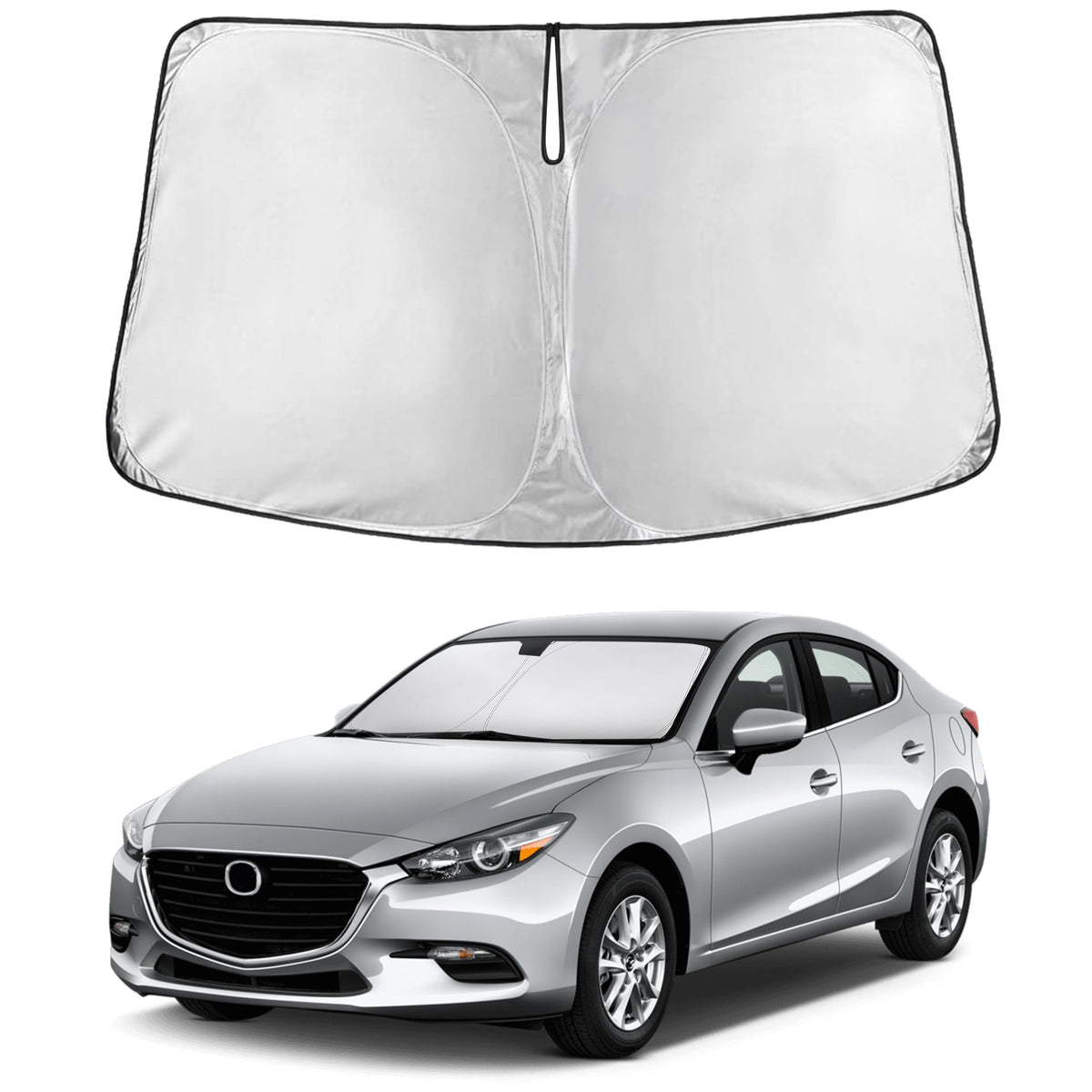 EcoNour front view of Mazda 3 sunshade showing tailored fit and easy placement benefit