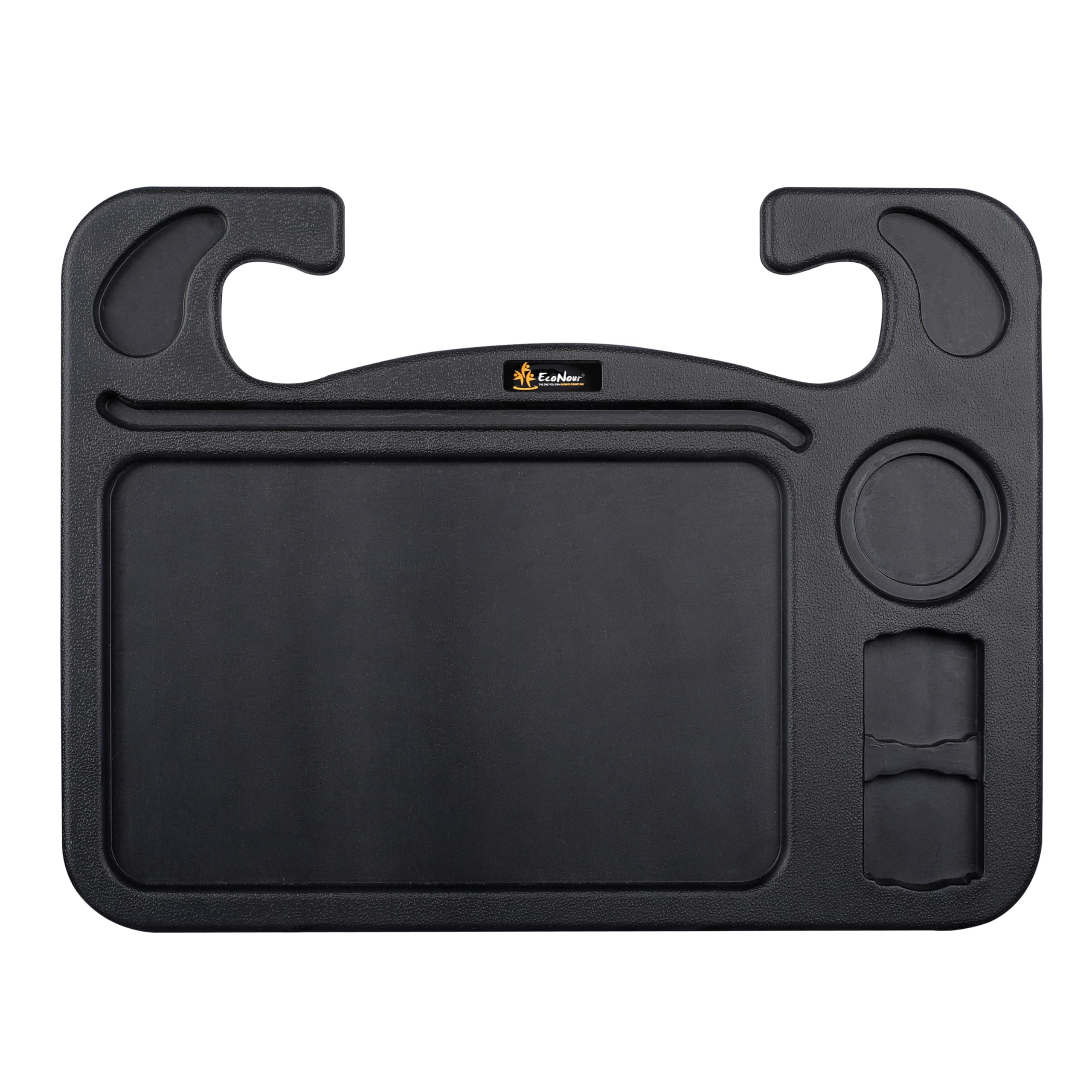 EcoNour front view of tray on steering wheel showing stable work surface