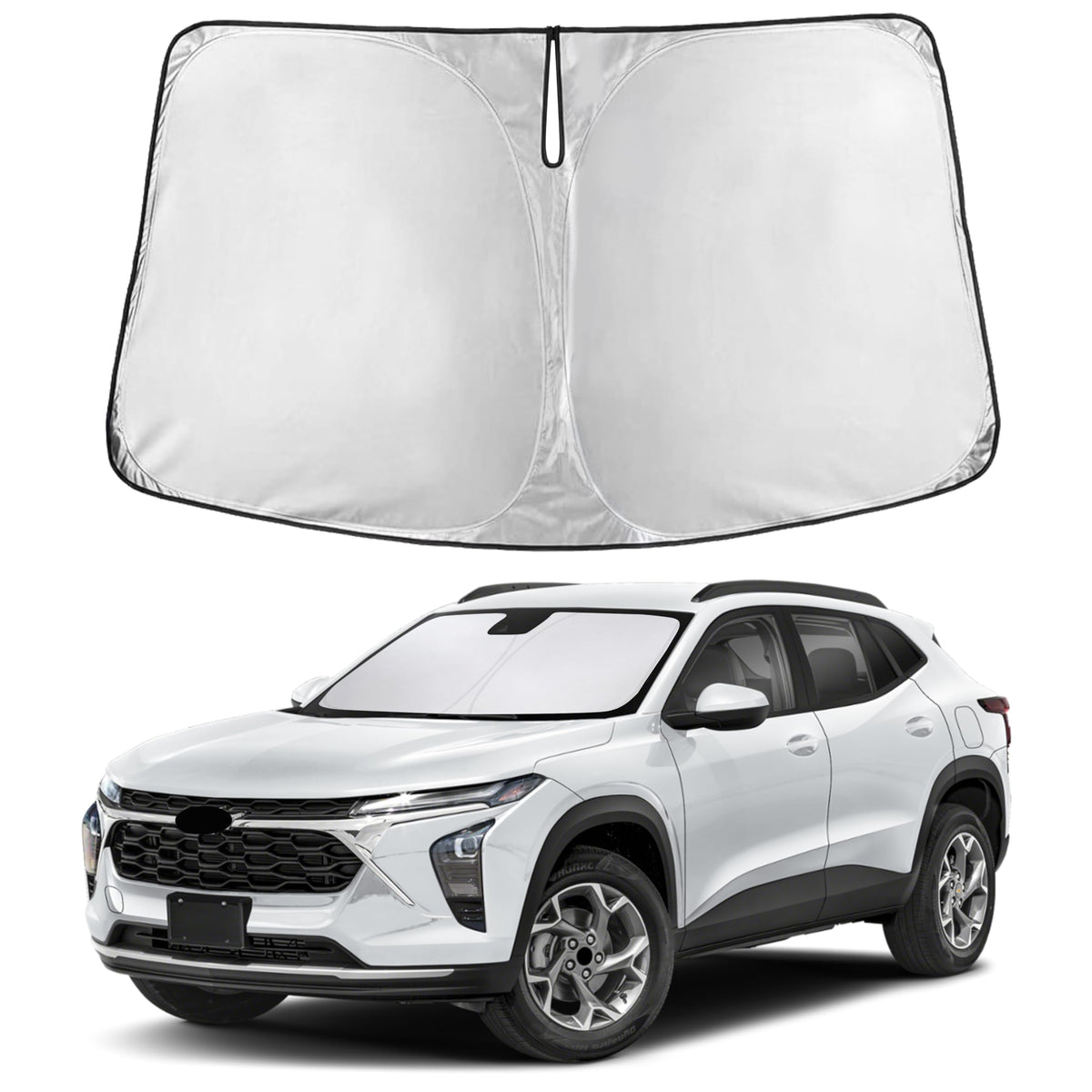 EcoNour front view of sunshade showing full windshield coverage and easy use