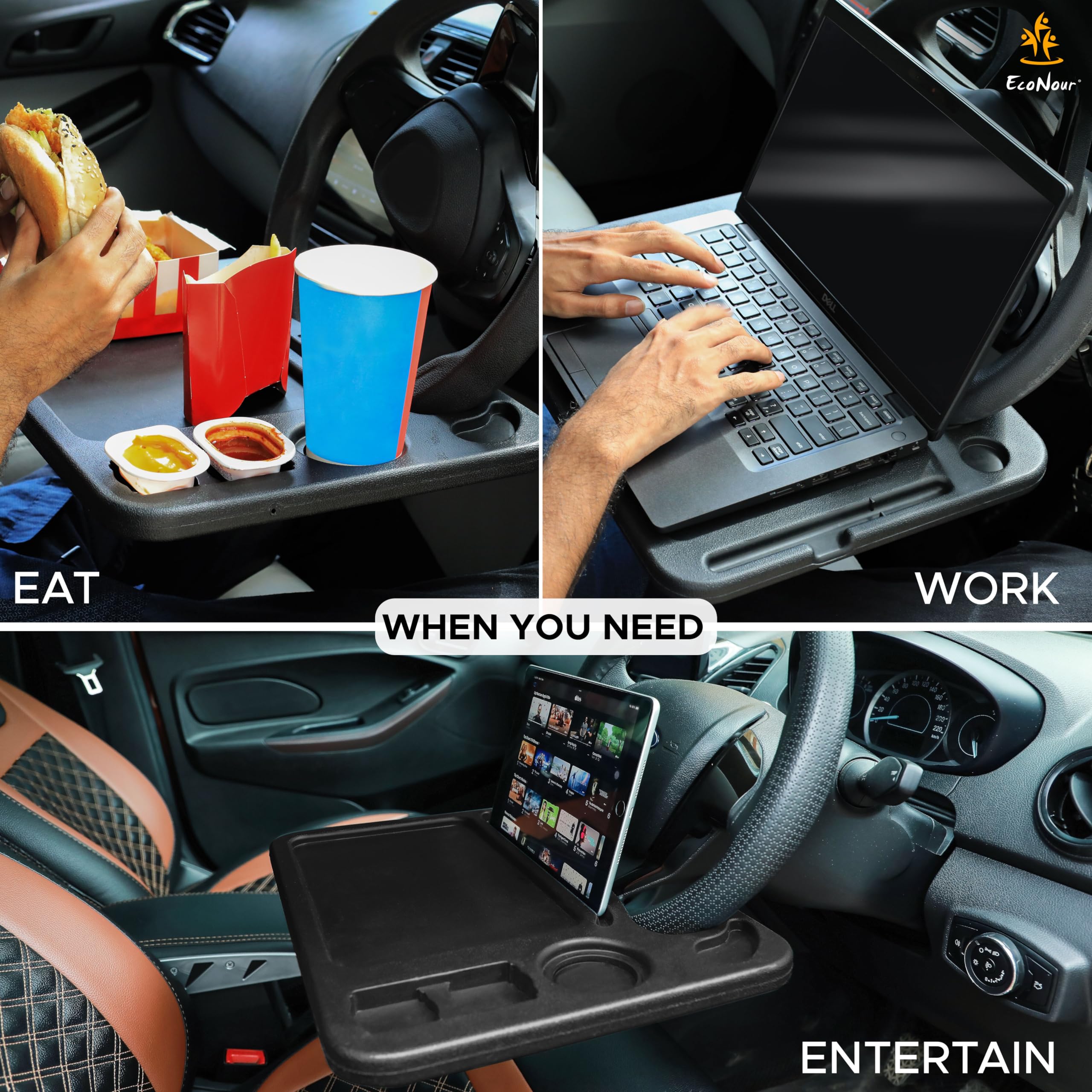 EcoNour tray supporting laptop for on-the-go productivity in car