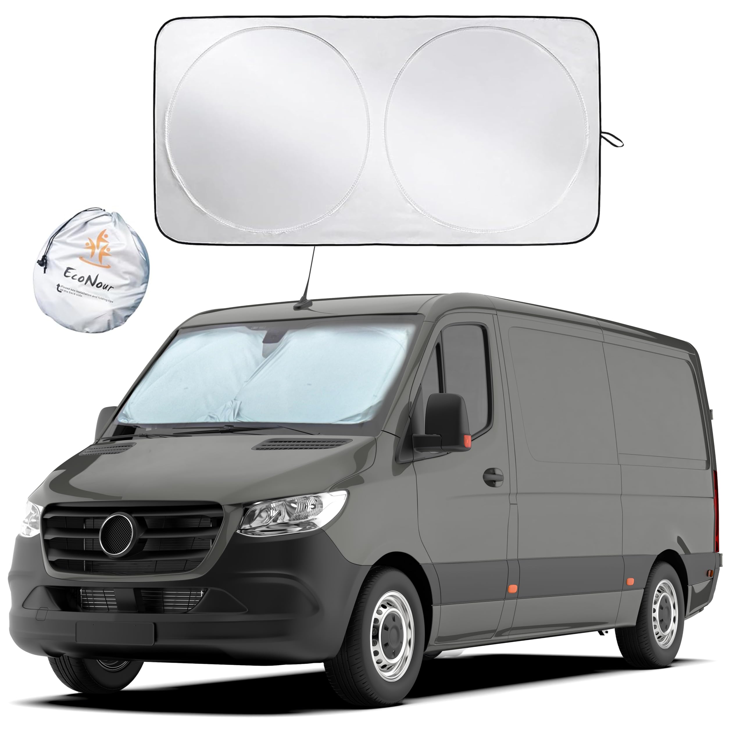 EcoNour front view of full-width van windshield shade showing coverage benefit