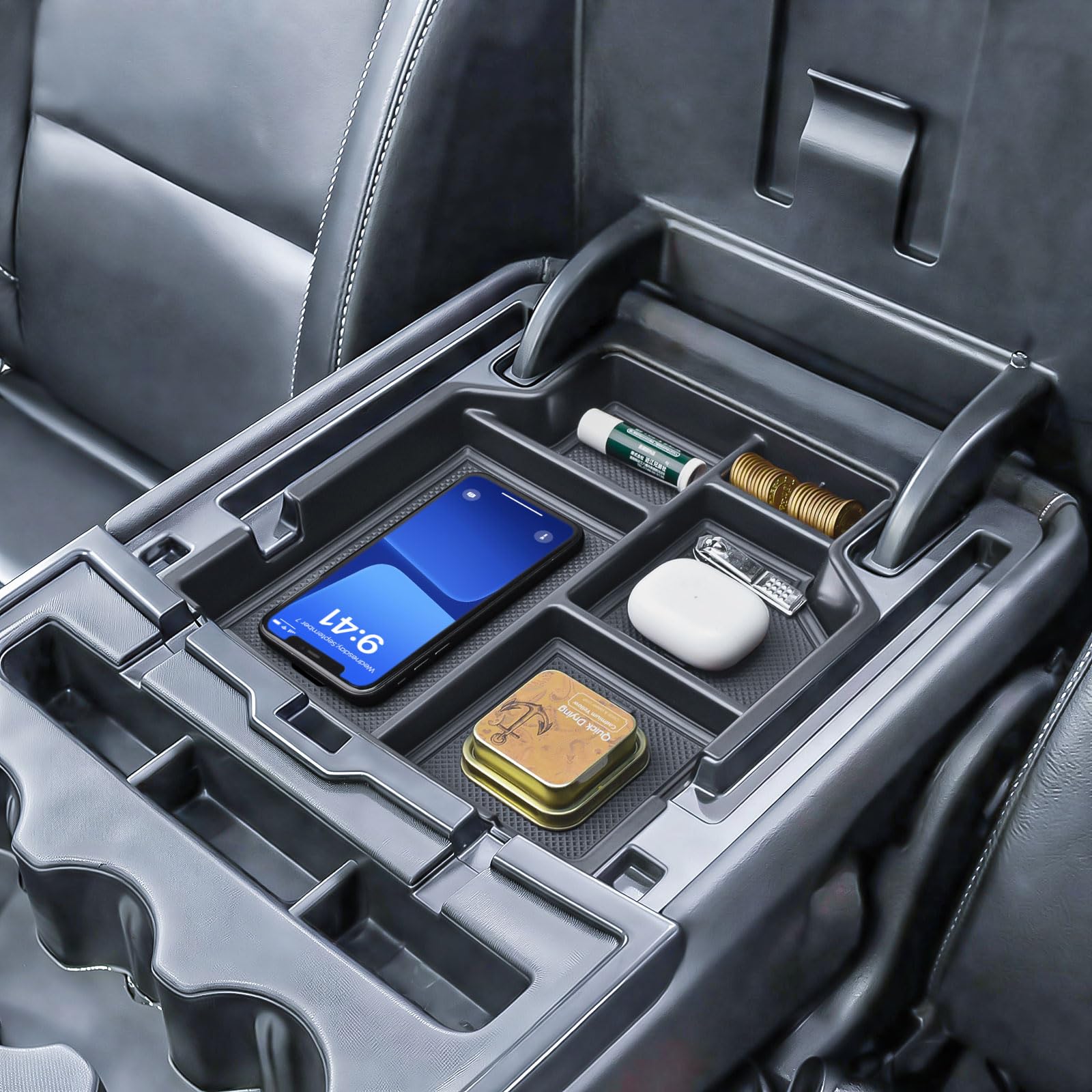 EDBETOS lifestyle shot of truck interior with organizer keeping essentials tidy