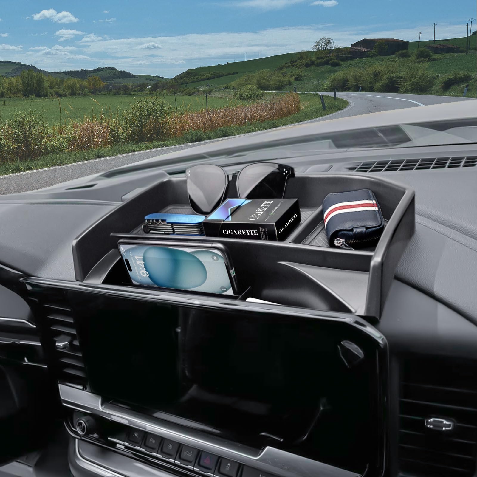 EDBETOS lifestyle shot in Silverado interior showing clutter-free dash