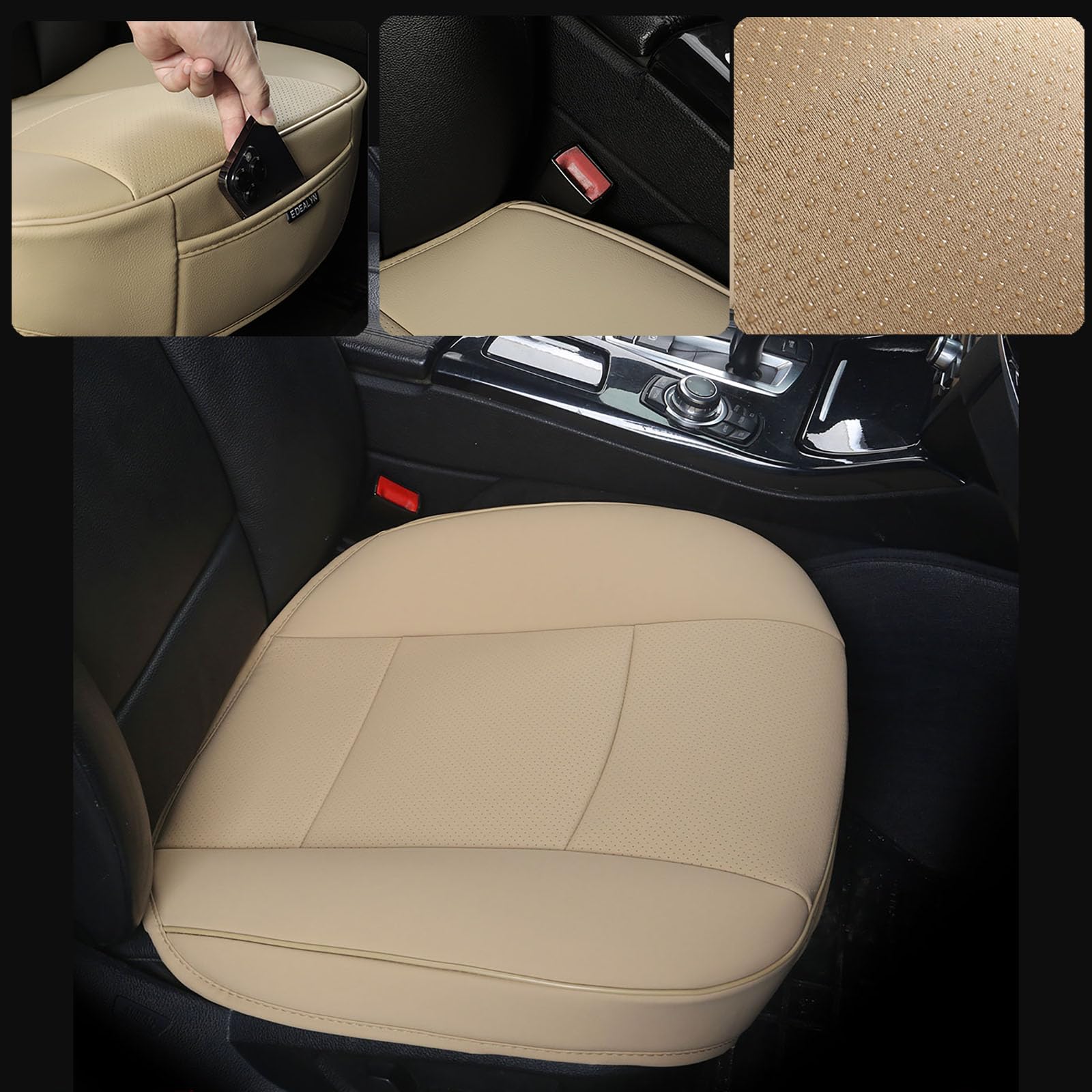 EDEALYN size comparison on seat illustrating 20.8×21in fit for midsize cars