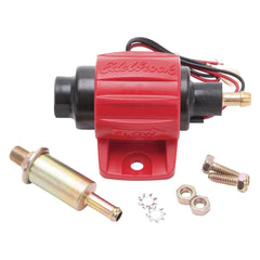 Edelbrock 17301 front view showing pump body and red finish for reliable compact fueling