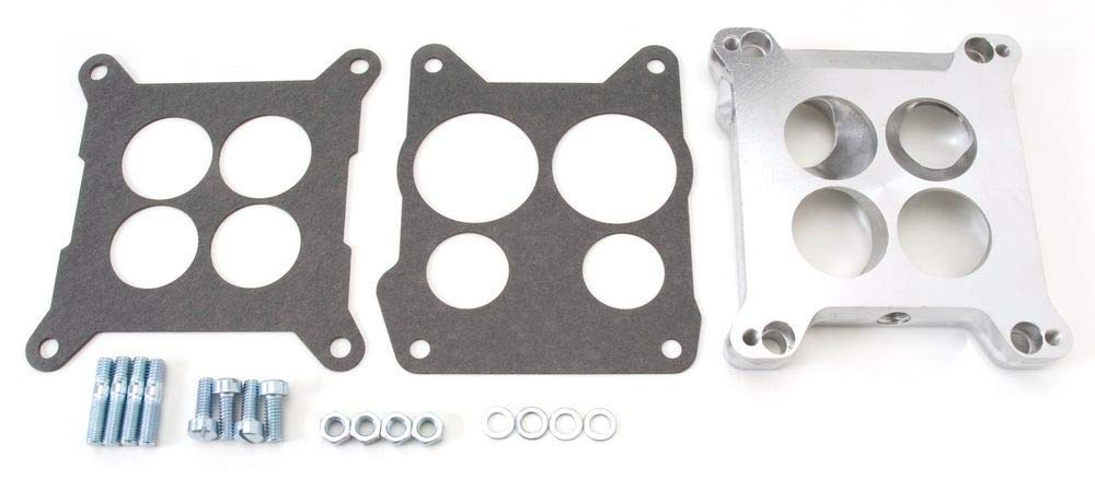 Edelbrock adapter front view showing bolt pattern and natural aluminum finish for correct fit