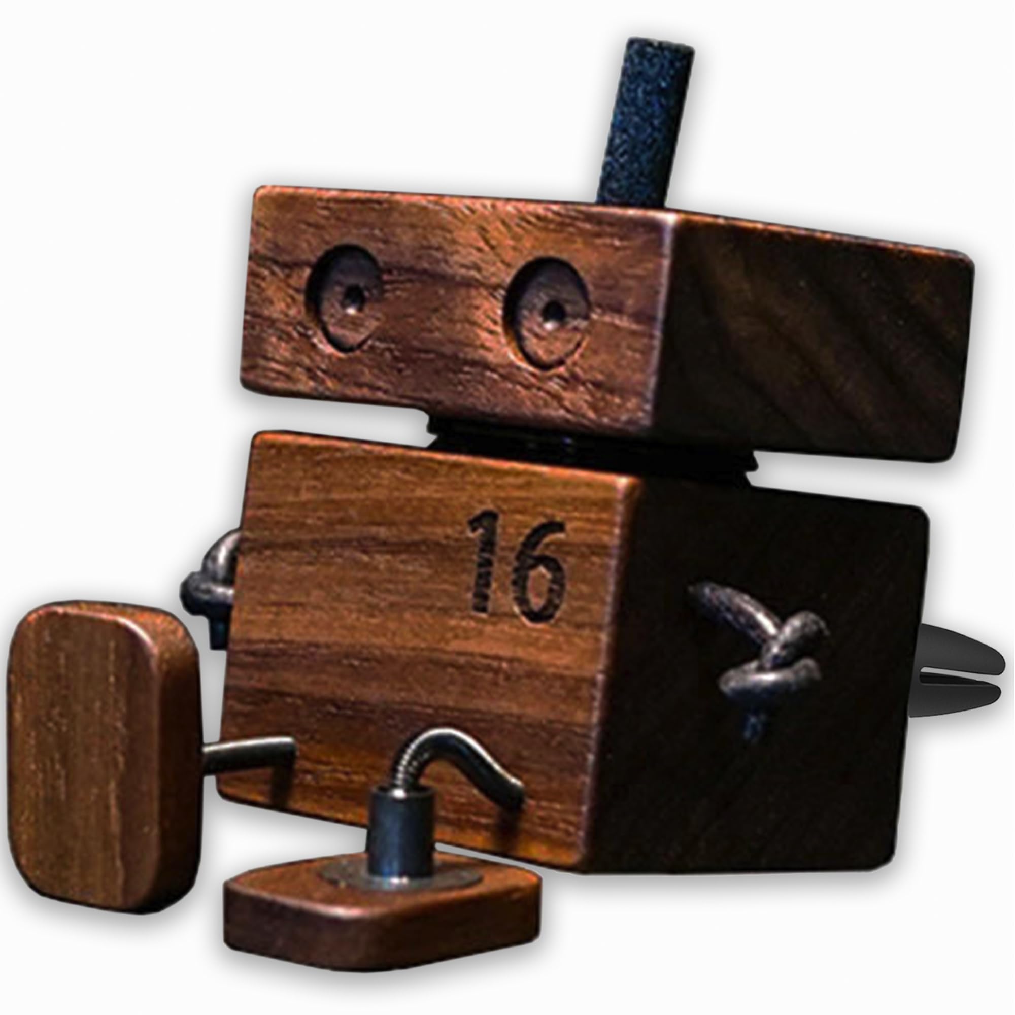 Edilado wooden man front view showing decorative dashboard charm and scent delivery