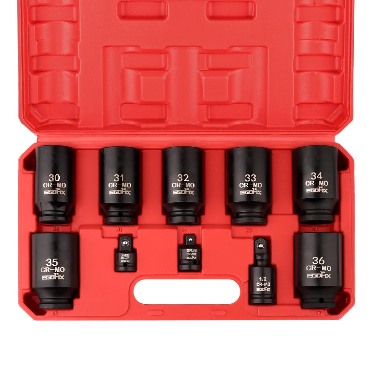 EGOFIX front packaging showing full 10-piece impact axle socket set and case — easy transport