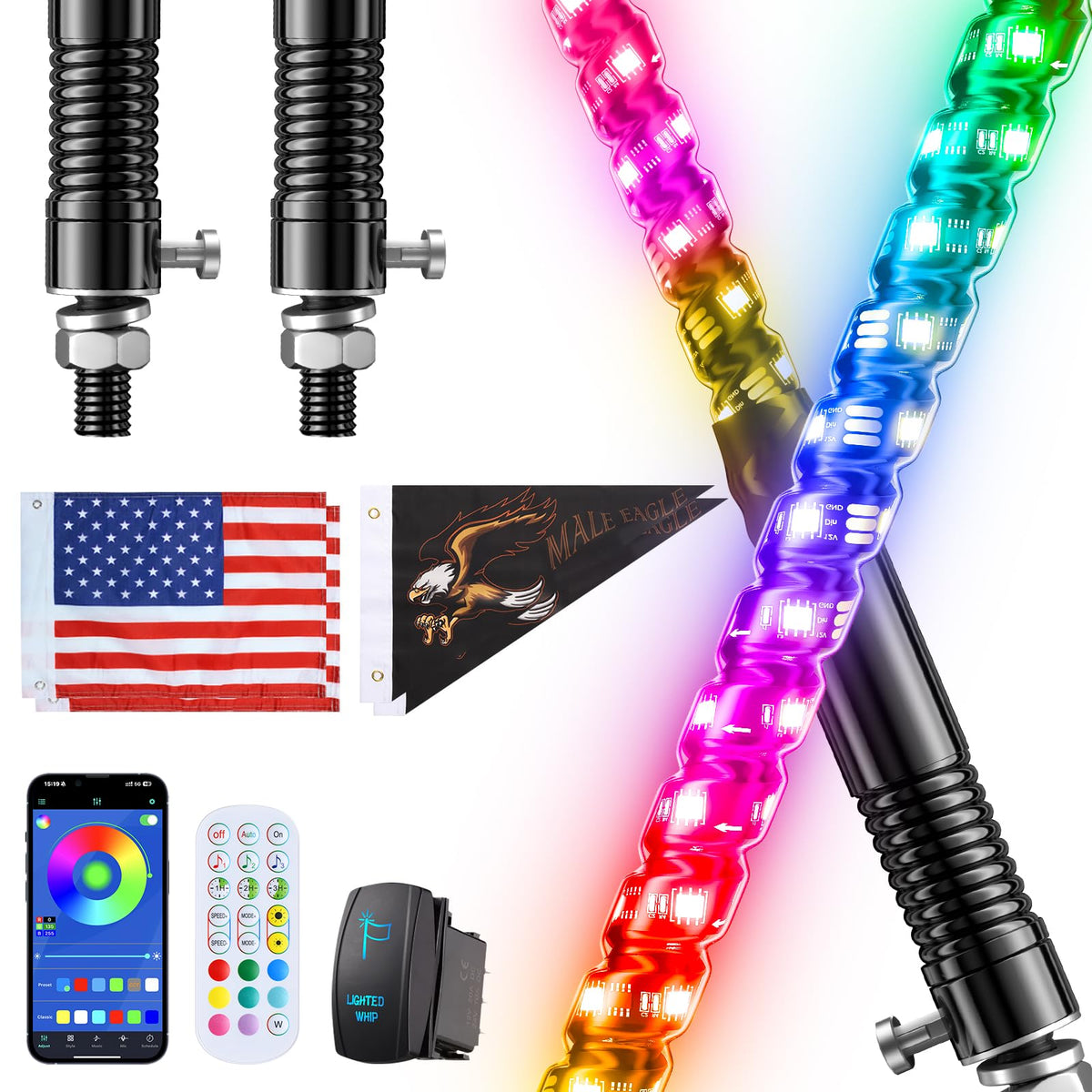 Ehaho front view of 2FT whip lights showing bright RGB display and visibility