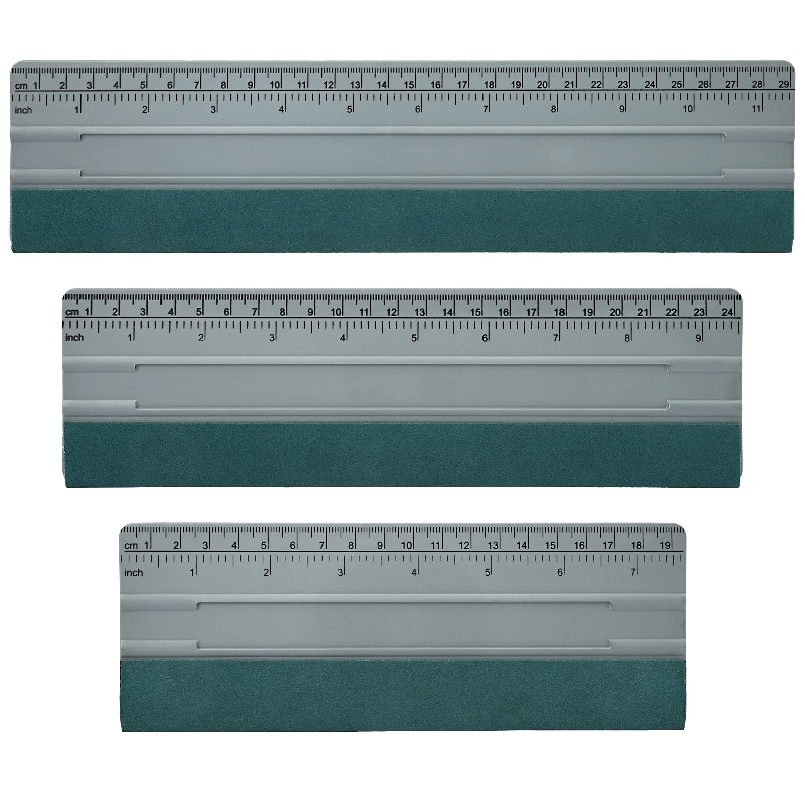 EHDIS front view of three squeegees showing sizes and durable build, speeds large installs