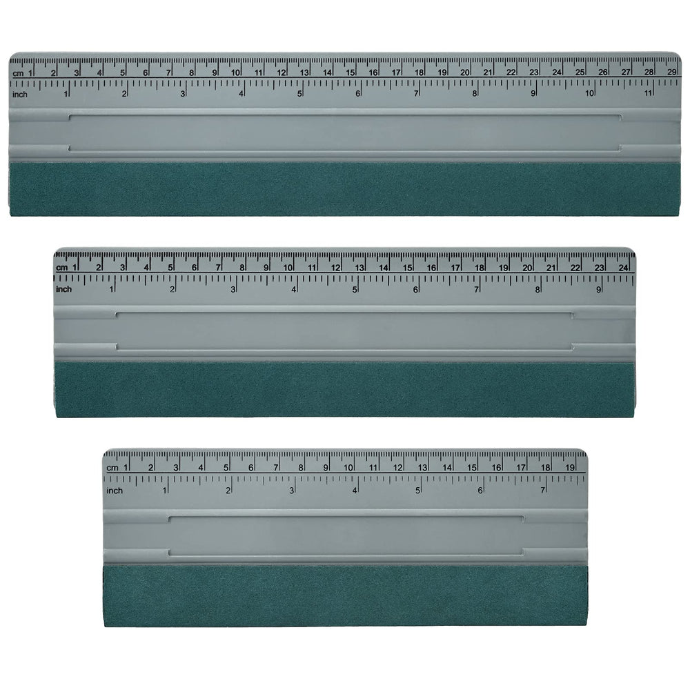 EHDIS front view of three squeegees showing sizes and durable build, speeds large installs