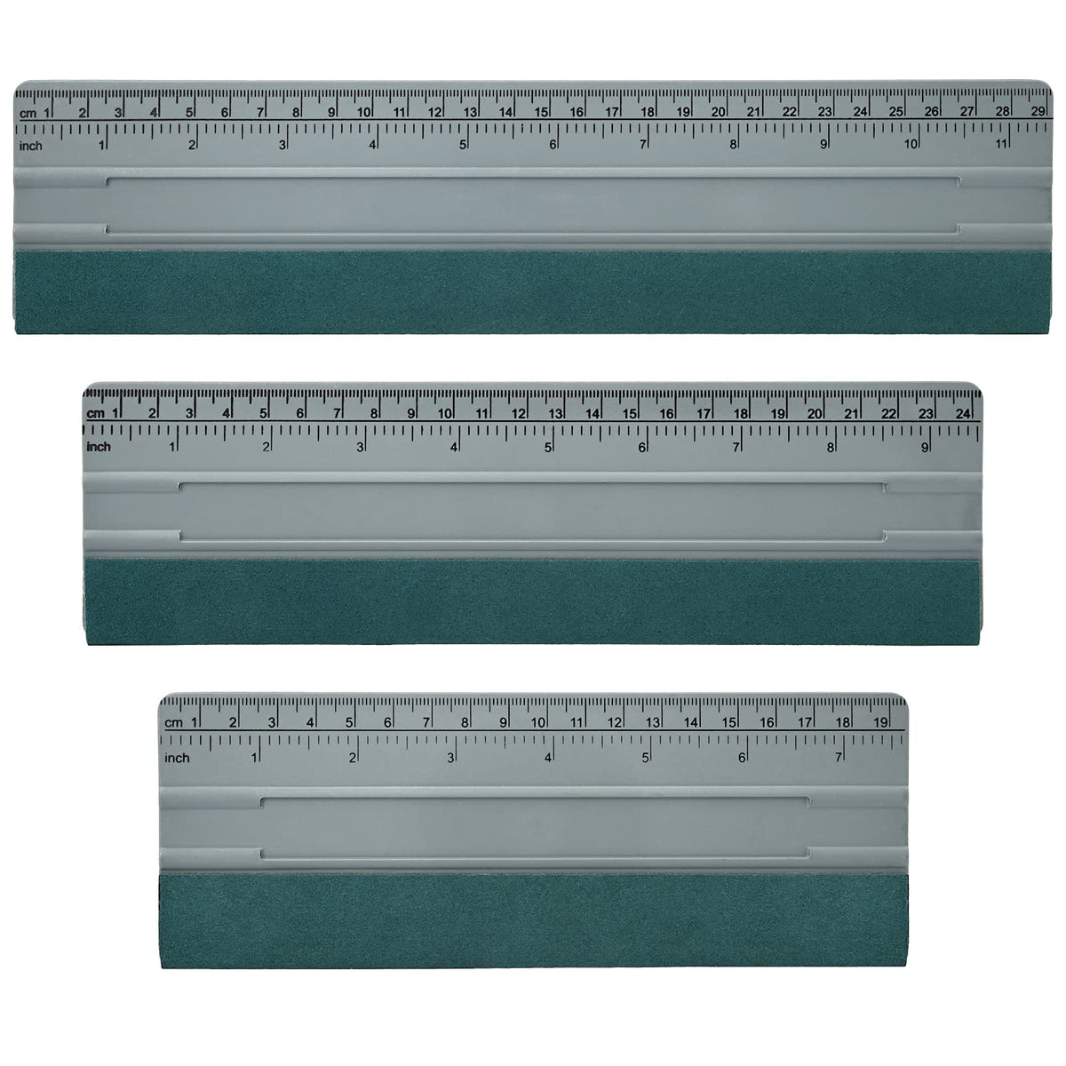 EHDIS front view of three squeegees showing sizes and durable build, speeds large installs