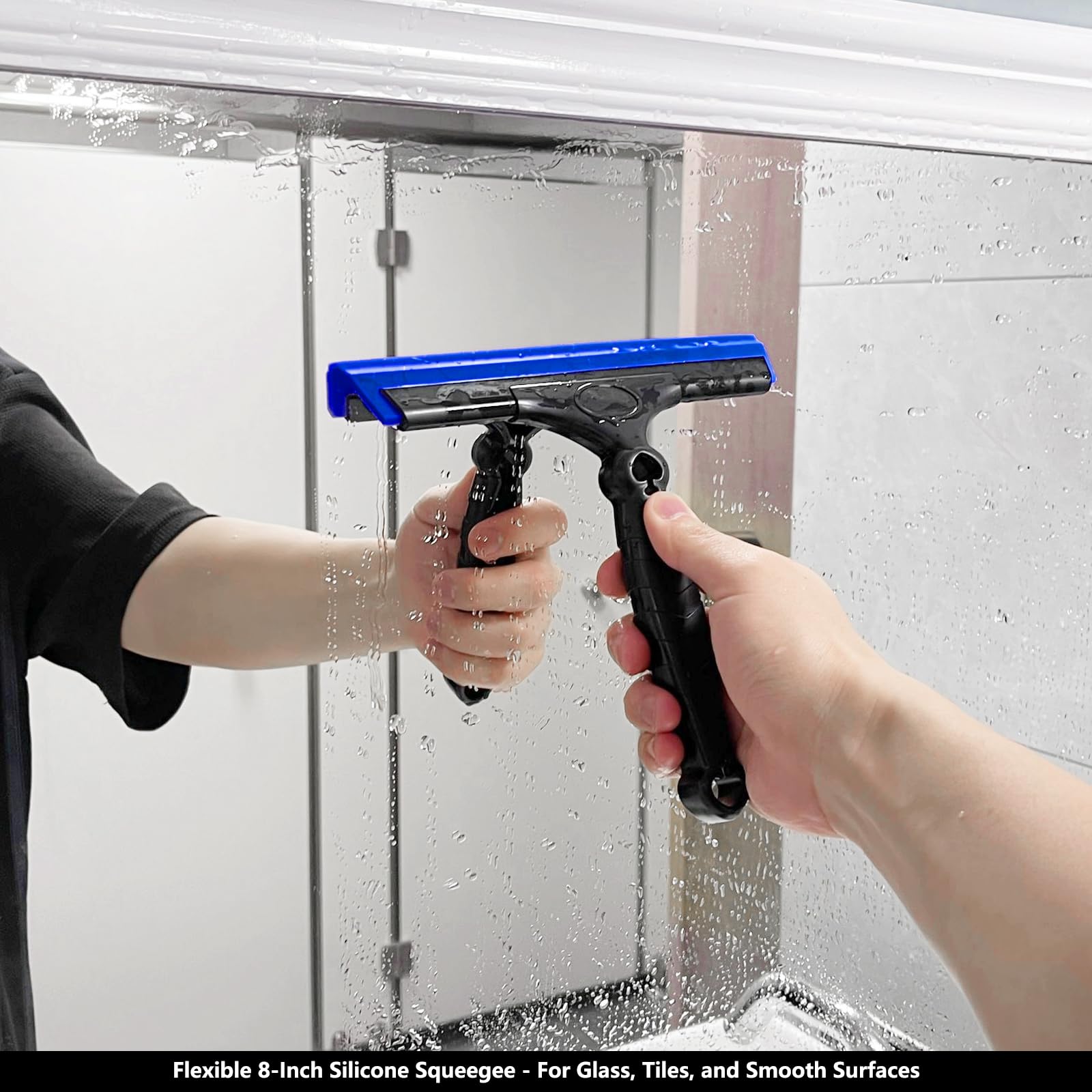 EHDIS squeegee removing water from bathroom glass door for easy cleaning benefit