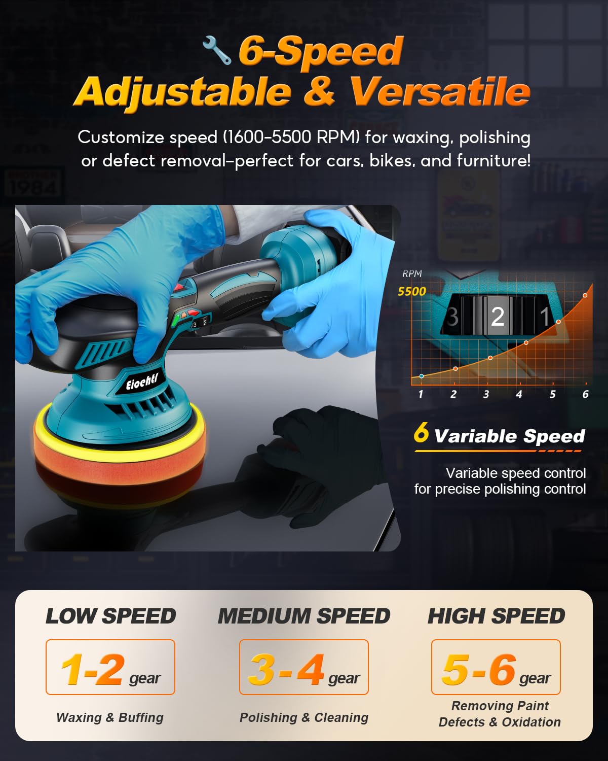 Eioehtl polisher used on car hood demonstrating smooth swirl-free finish