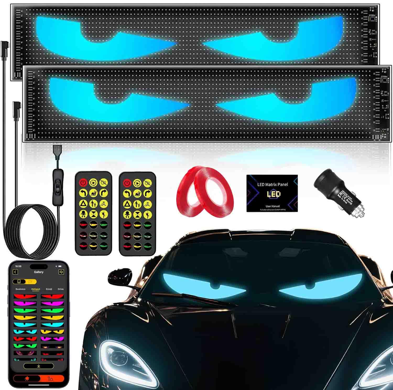 EJ's SUPER CAR front view showing dual 23x5" panels and bold eye design benefit visibility