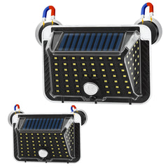 EJYTRVT front view showing two solar motion lights and included accessories for quick setup