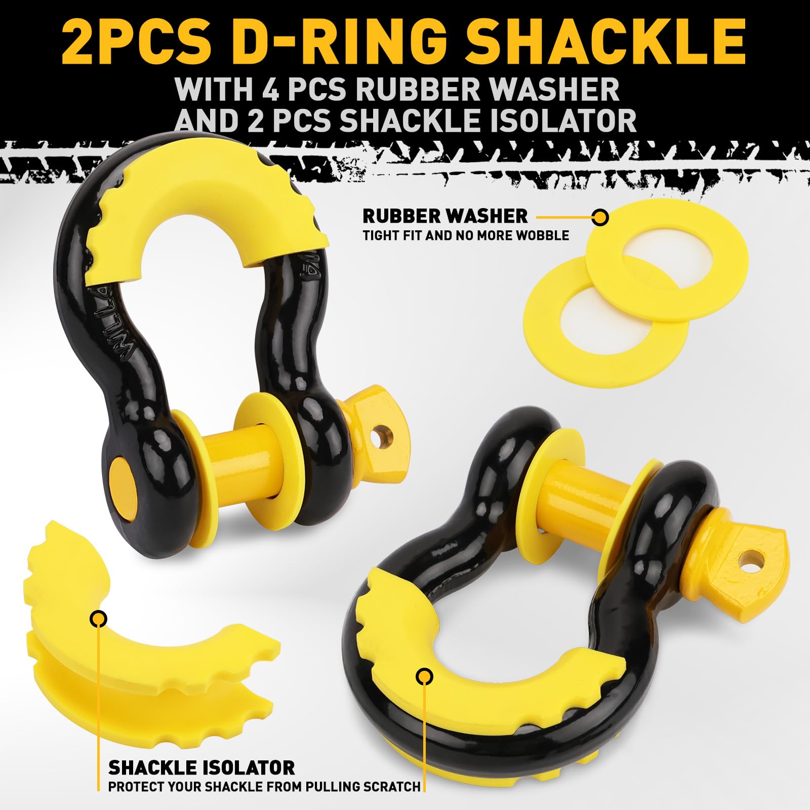 ELEAD 3/4 inch D-ring shackles detail showing protective bumpers and secure connection