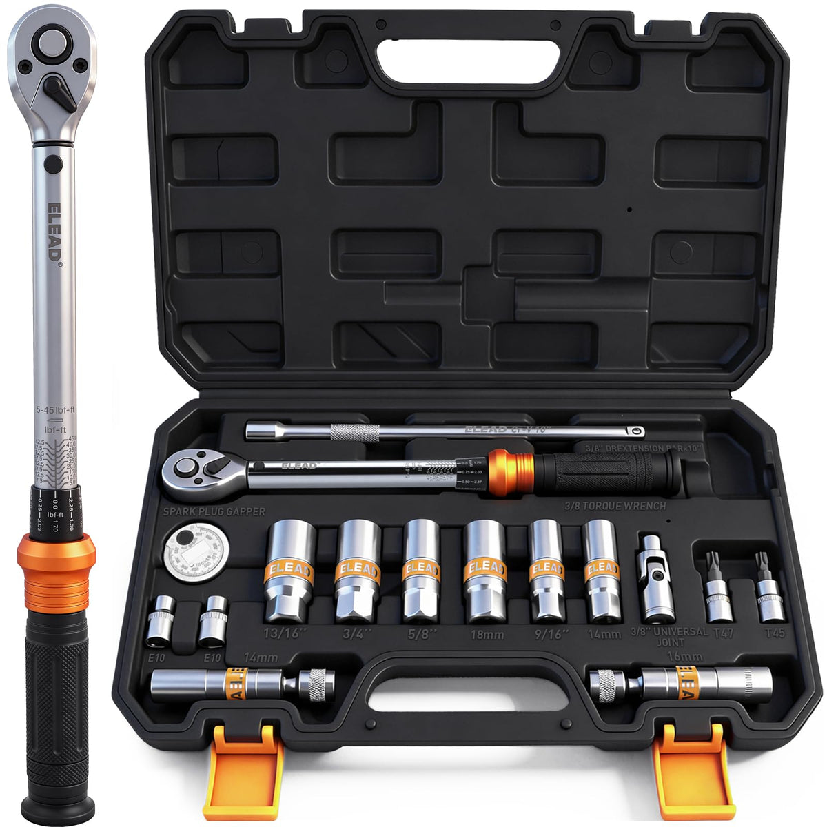 ELEAD front view of full 16-piece spark plug socket kit shows organized tools and compact case benefit