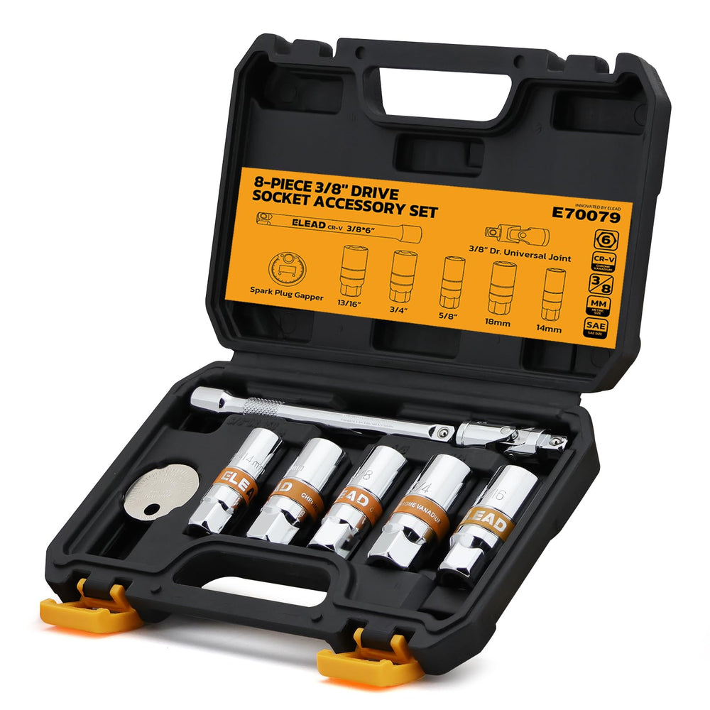 ELEAD front packaging showing full 8-piece socket set and accessories benefits organization