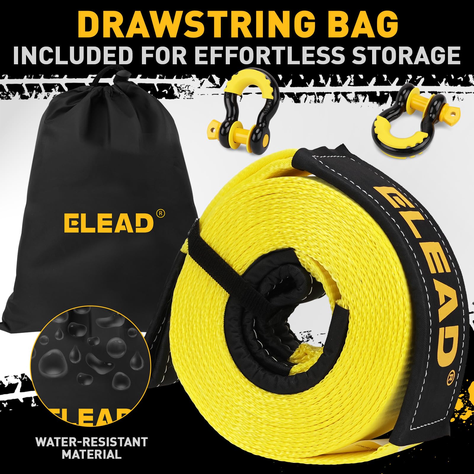 ELEAD strap laid out with measuring tape showing 3" width and 30 ft length advantage