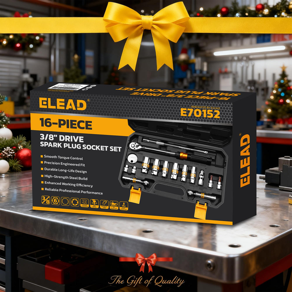 ELEAD closeup of 3/8" torque wrench showing click mechanism for precise torque control and safety