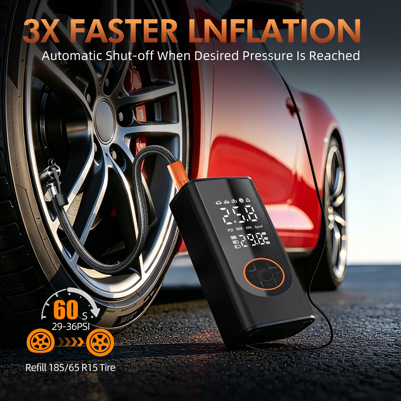 Eleanora digital LCD display closeup showing units and easy pressure monitoring benefit