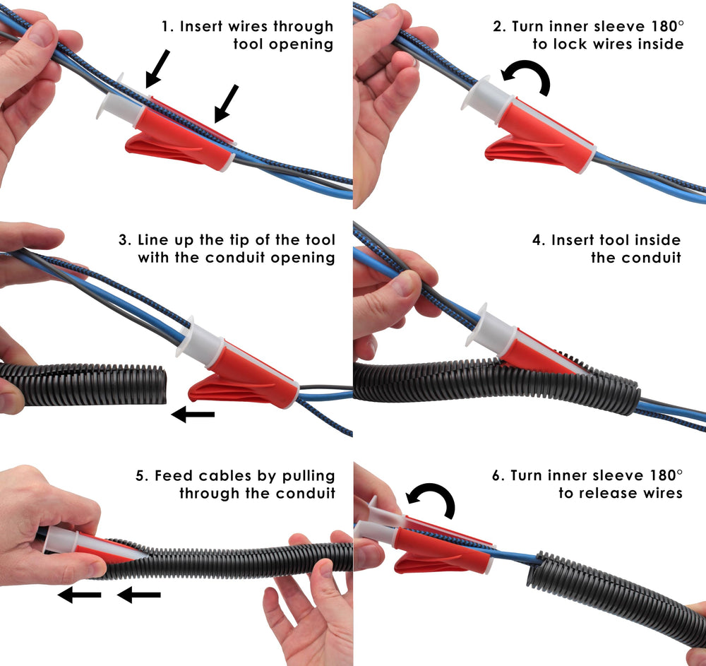 Electriduct tool guiding wire loom into conduit in an engine bay for neat routing