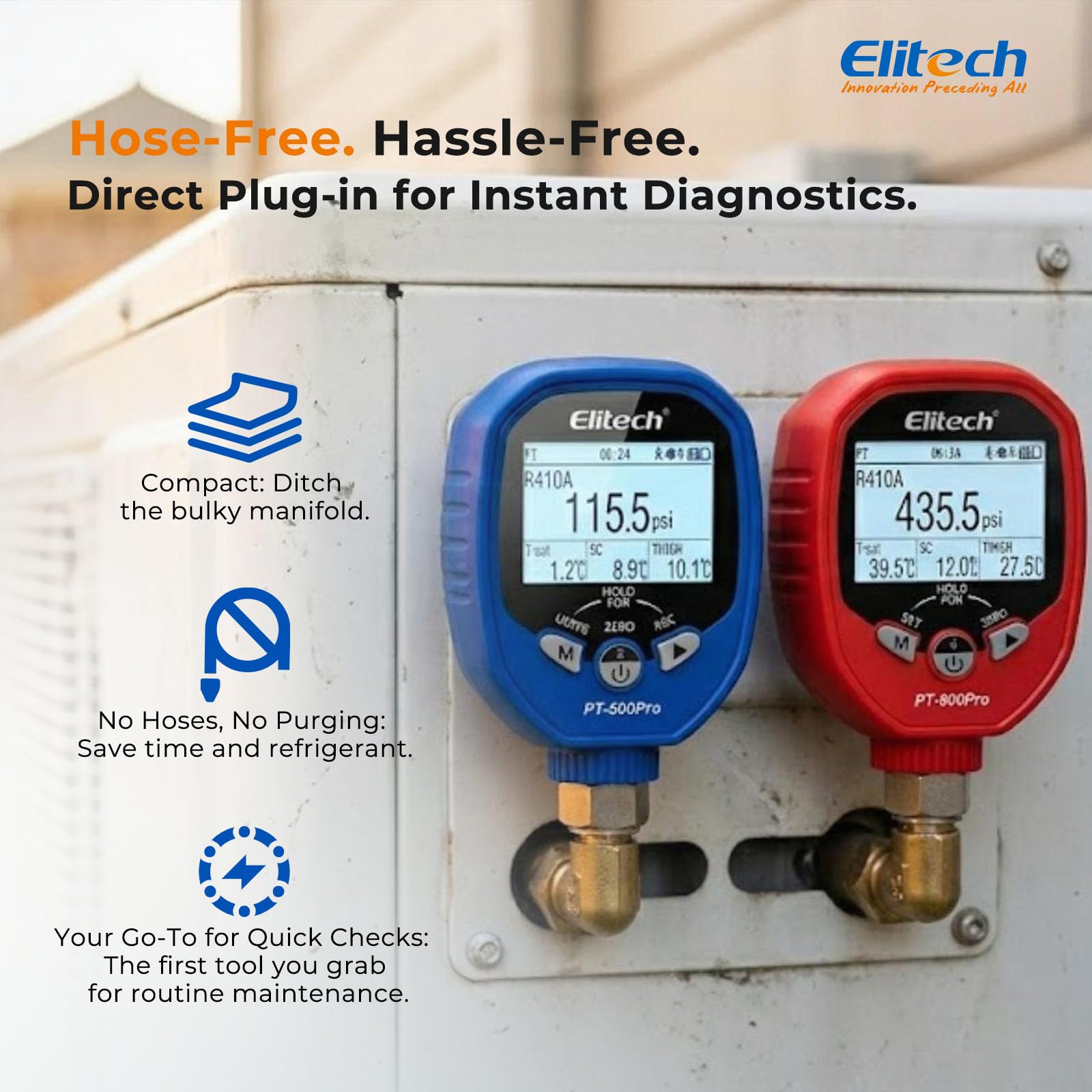 Elitech closeup of dual gauge faces and digital displays for precise pressure readings and clear diagnostics