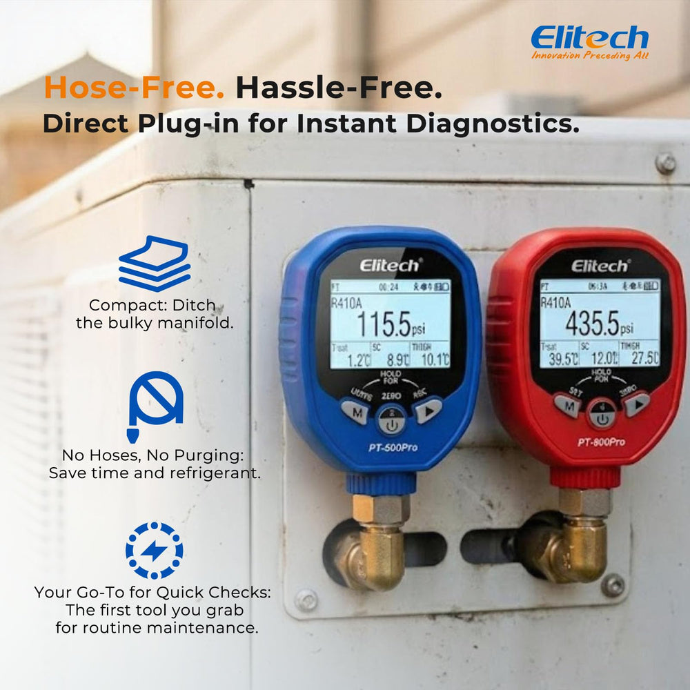 Elitech closeup of dual gauge faces and digital displays for precise pressure readings and clear diagnostics