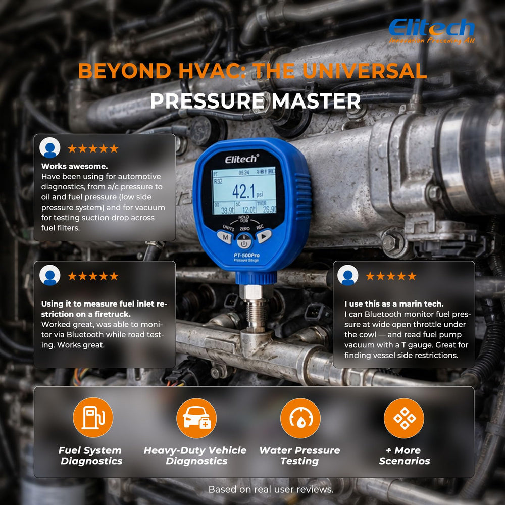 Elitech mobile app screen paired with gauges showing synchronized pressures and calculated superheat for fast decisions