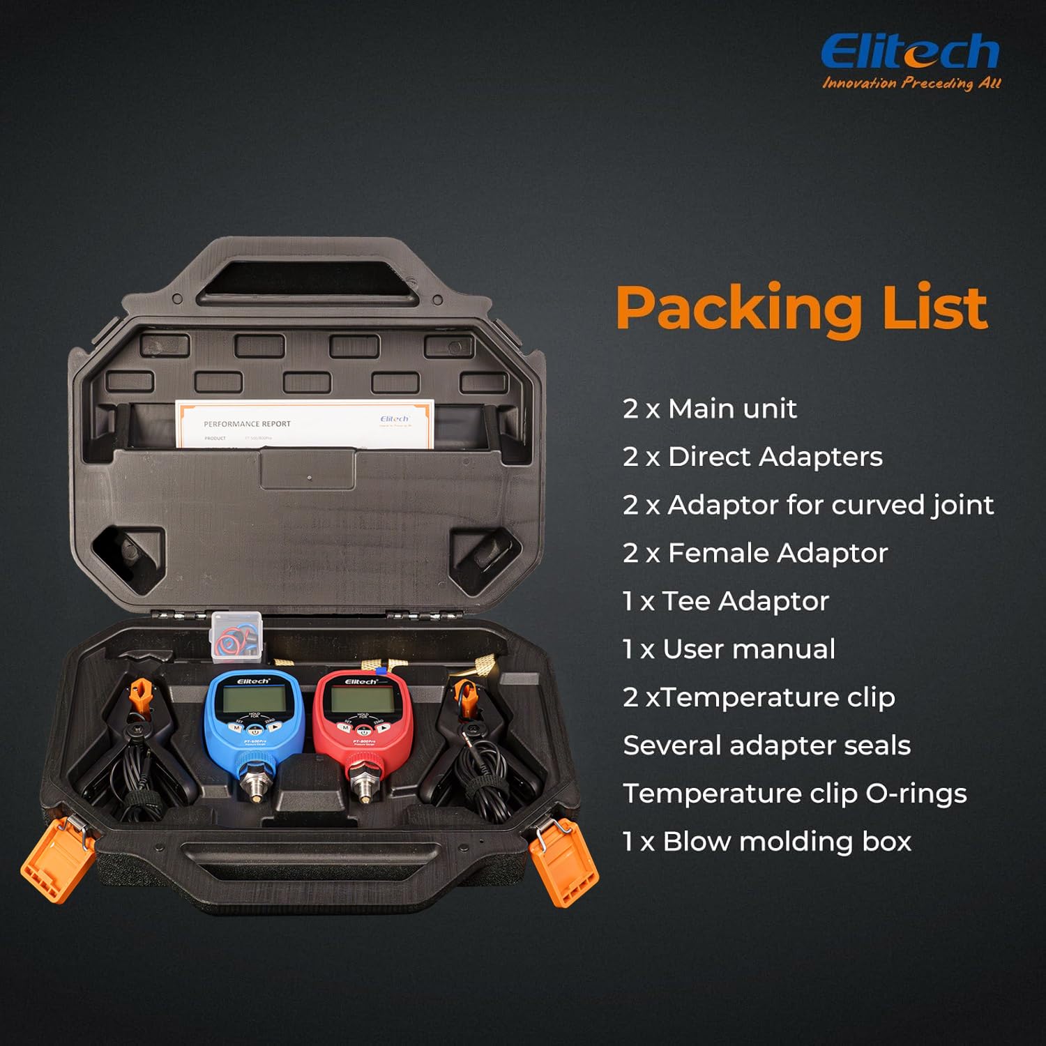 Elitech gauges connected to HVAC service valves during a field check to improve safety and remote monitoring