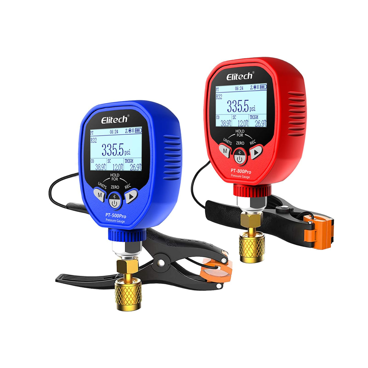 Elitech front view of PT-500 and PT-800Pro gauges showing ports and handles for quick identification and durability