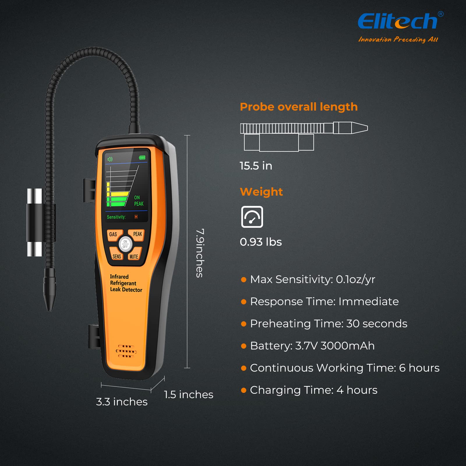 Elitech beside a tape measure showing handheld size and portability