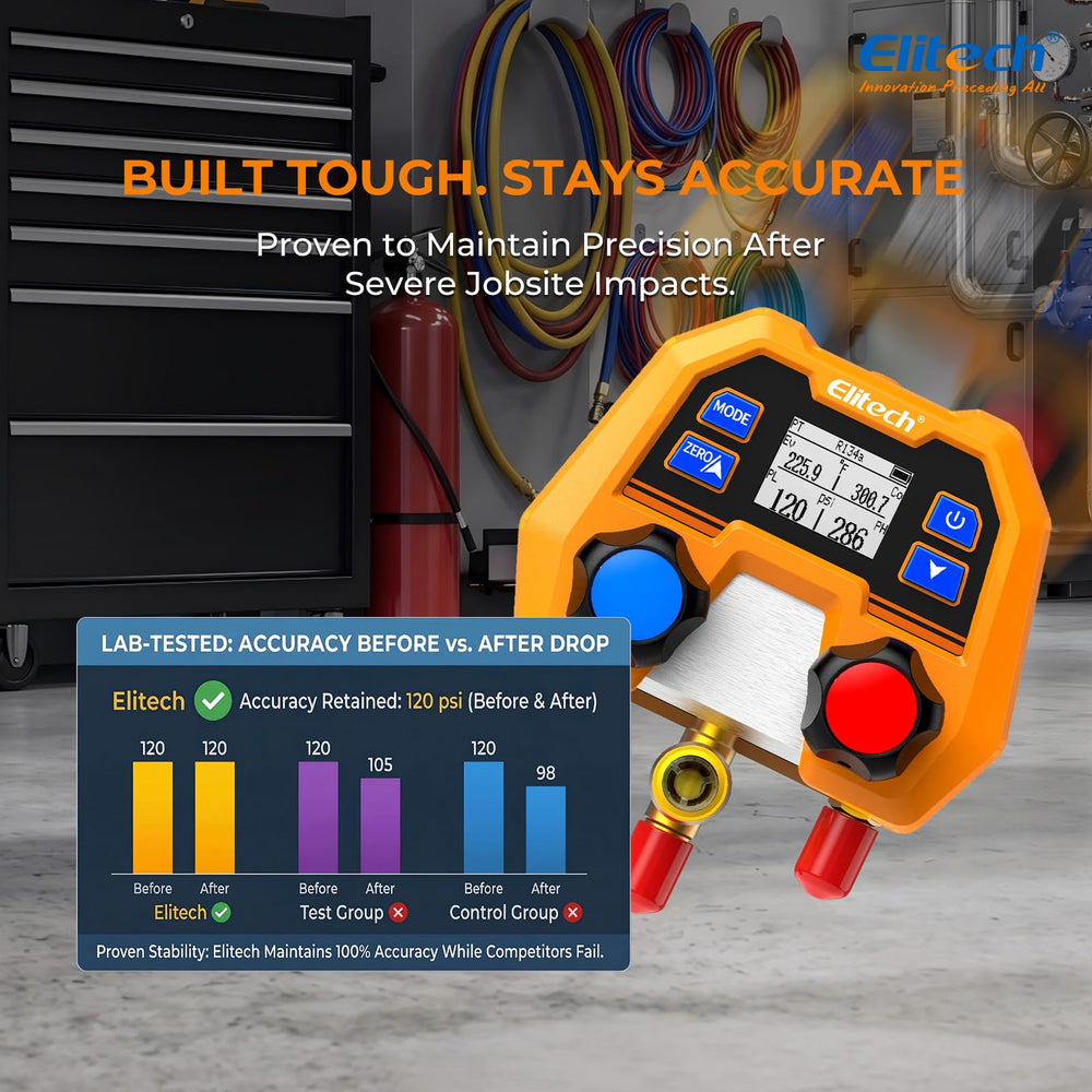 Elitech manifold held in hand to show compact size and easy portability