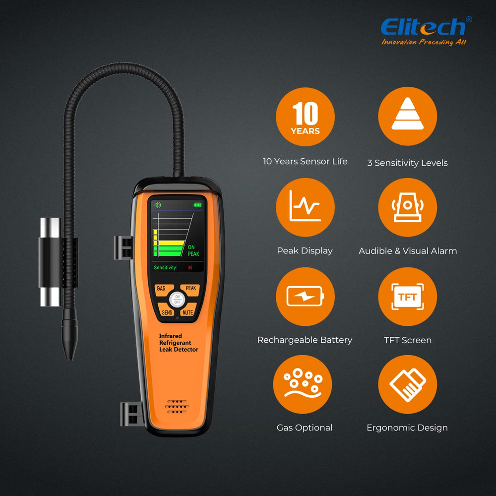 Elitech TFT display clear readout showing sensitivity and battery status