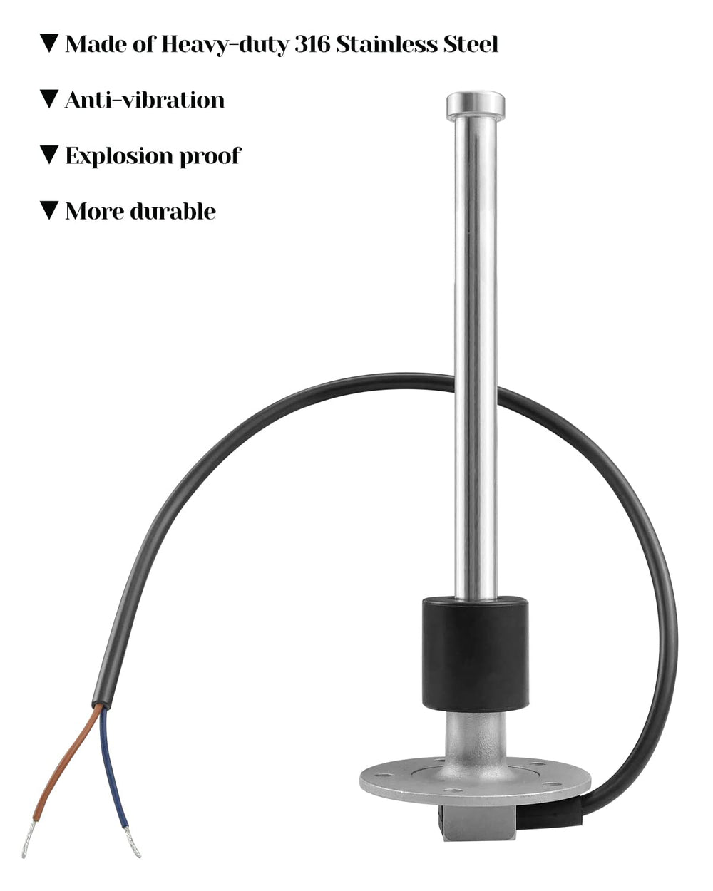 EMIHO close-up of stainless stem and NBR float, corrosion-resistant long life benefit