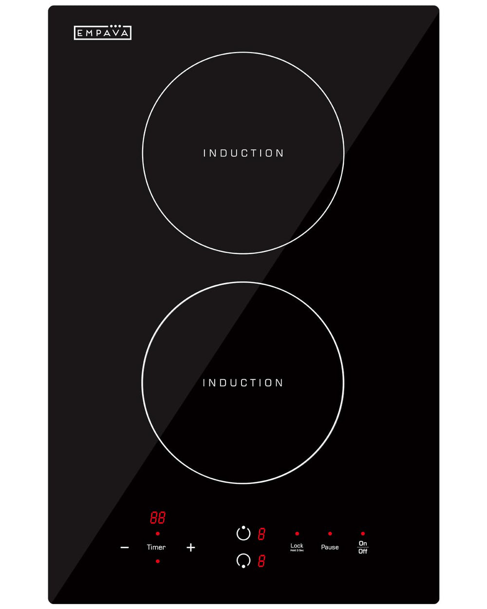 Empava front view two-burner induction cooktop showing sleek black design and benefits