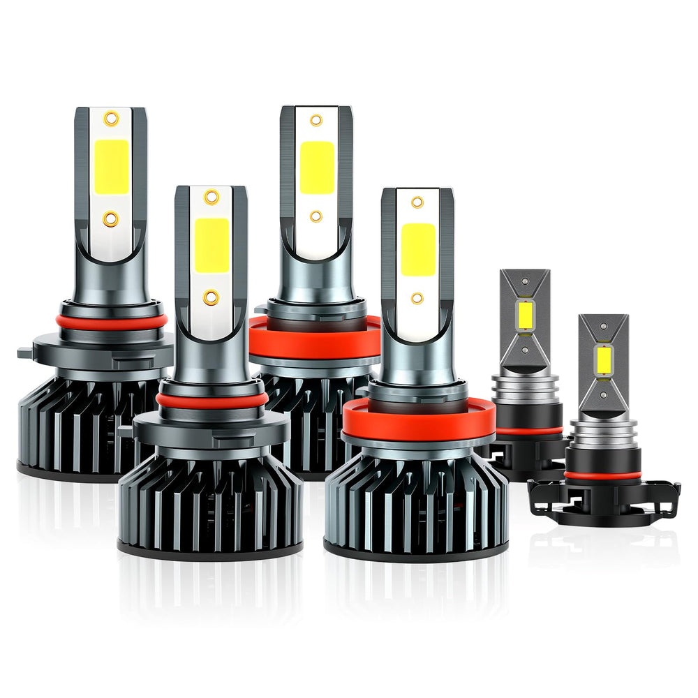 EMuna front view of complete headlight and fog light bulb kit showing components and fitment benefit