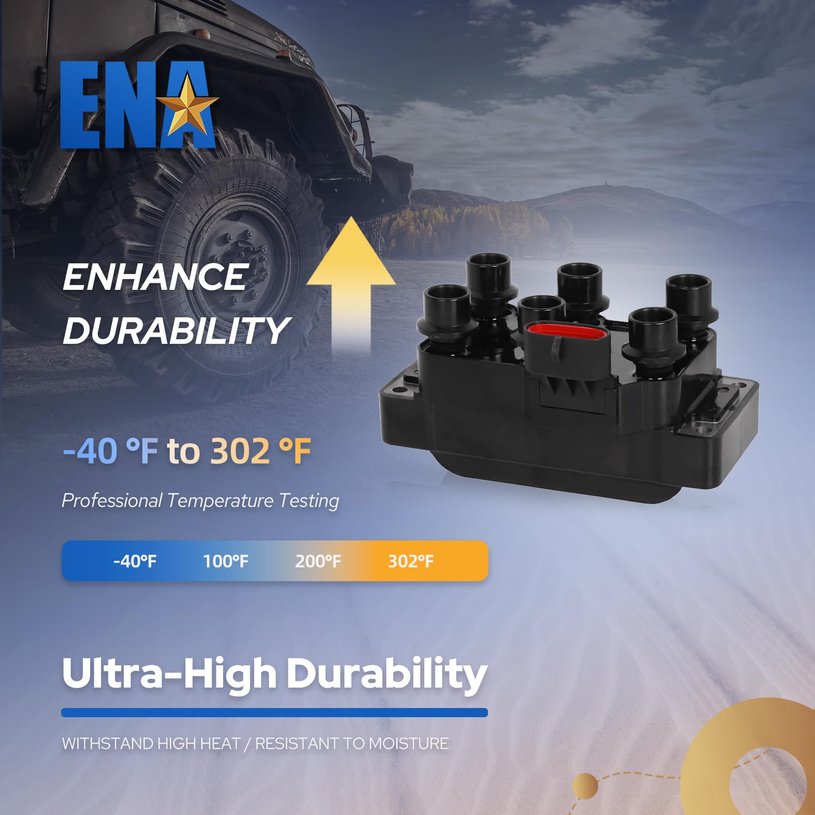 ENA coil pack installed in engine bay illustrating direct-fit, plug-and-play replacement